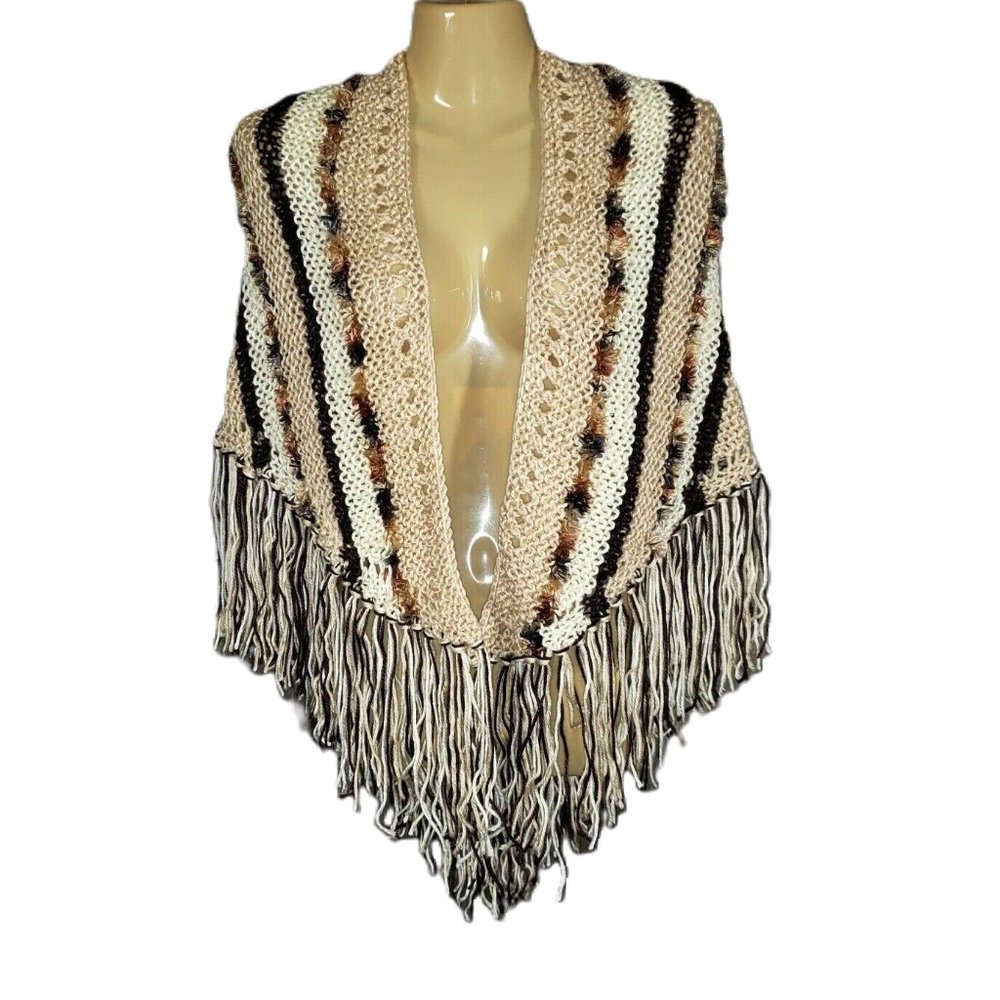 Beige Brown Hand Knitted Shawl Scarf‎ Wrap Boho New